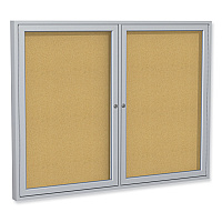 Ghent 2 Door Enclosed Natural Cork Bulletin Board with Satin Aluminum Frame, 60 x 36, Tan Surface (GHEPA23660K)