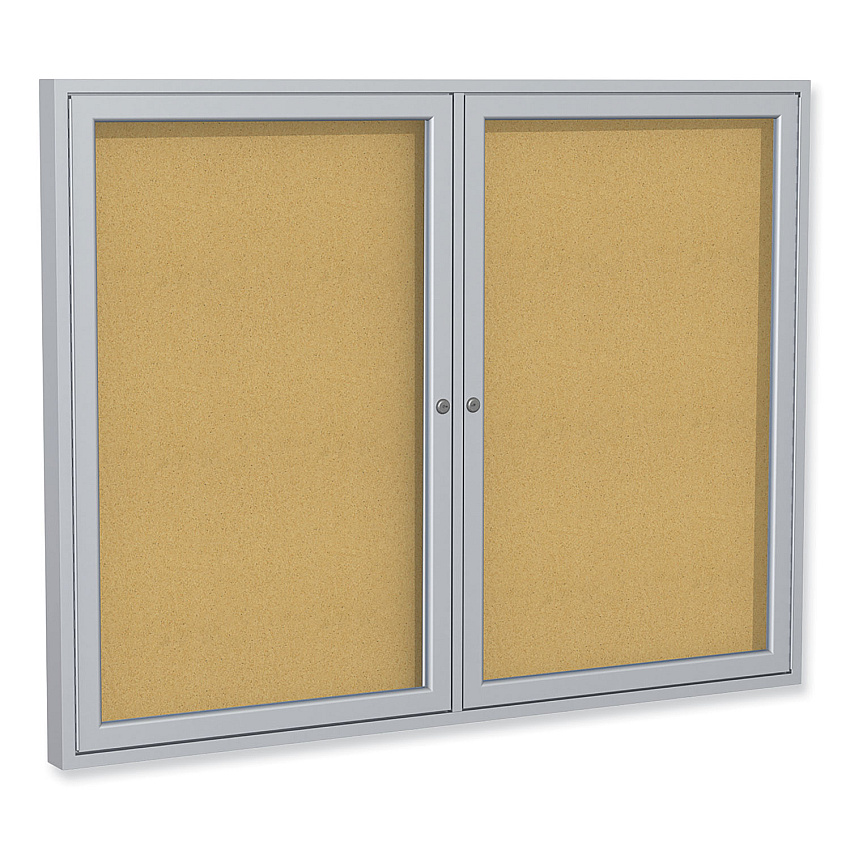Ghent 2 Door Enclosed Natural Cork Bulletin Board with Satin Aluminum Frame, 60 x 36, Tan Surface (GHEPA23660K)