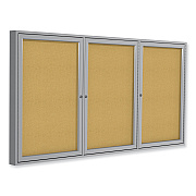 Ghent 3 Door Enclosed Natural Cork Bulletin Board with Satin Aluminum Frame, 96 x 48, Tan Surface (GHEPA34896K)