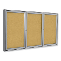Ghent 3 Door Enclosed Natural Cork Bulletin Board with Satin Aluminum Frame, 96 x 48, Tan Surface (GHEPA34896K)