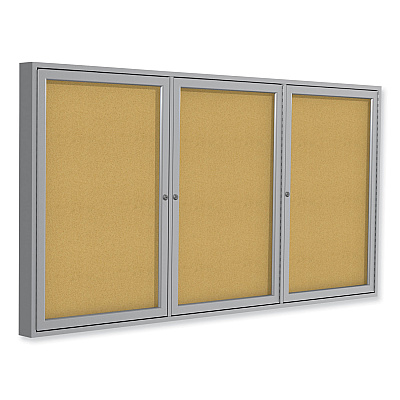 Ghent 3 Door Enclosed Natural Cork Bulletin Board with Satin Aluminum Frame, 96 x 48, Tan Surface (GHEPA34896K)