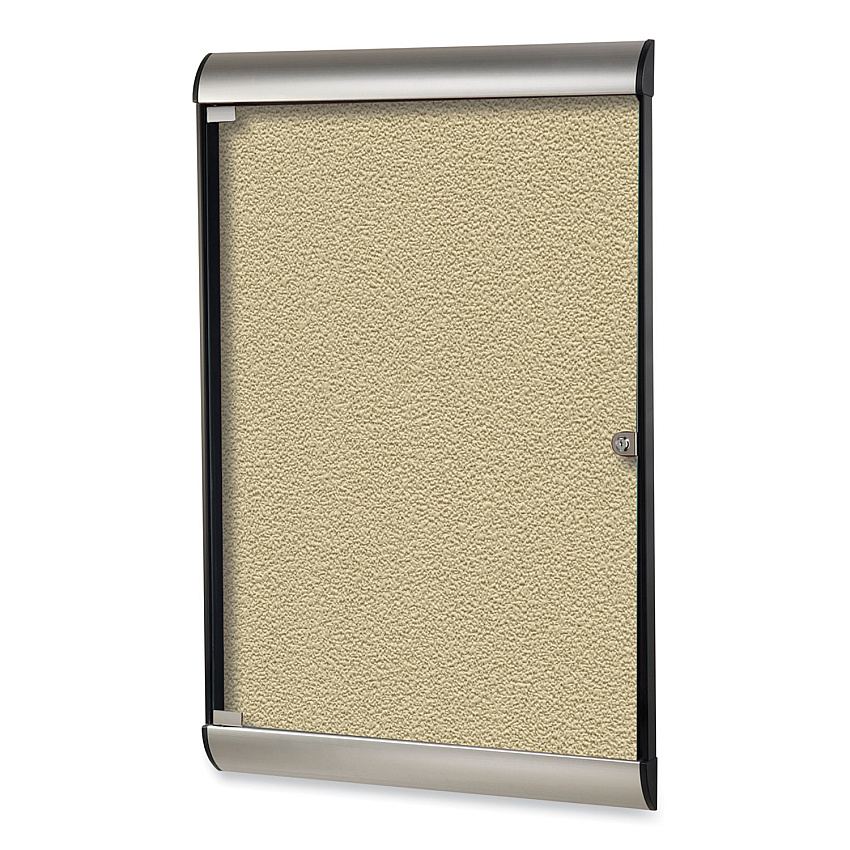 Ghent Silhouette 1 Door Enclosed Caramel Vinyl Bulletin Board with Satin/Black Frame, 27.75 x 42.13 (GHESILH20410)