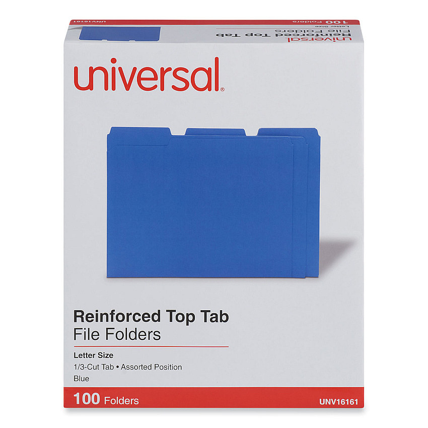 Universal Reinforced Top-Tab File Folders, 1/3-Cut Tabs: Assorted, Letter Size, 1" Expansion, Blue, 100/Box (UNV16161)