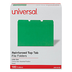 Universal Reinforced Top-Tab File Folders, 1/3-Cut Tabs: Assorted, Letter Size, 1" Expansion, Green, 100/Box (UNV16162)