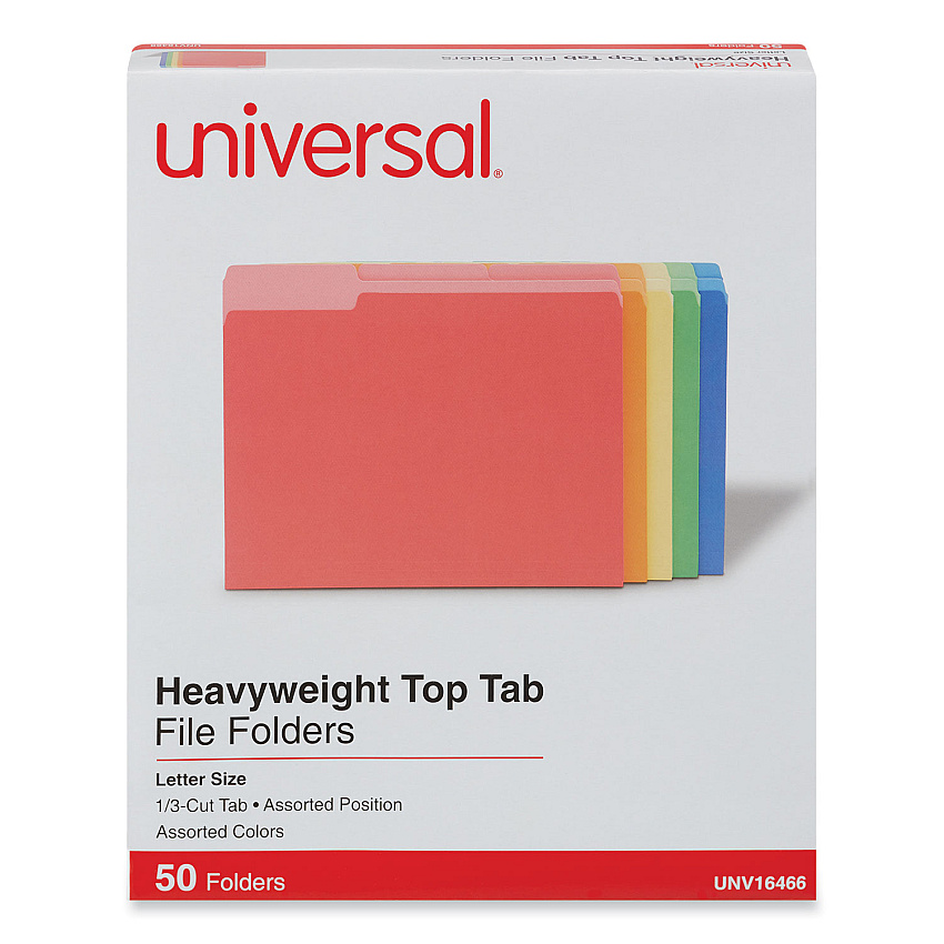 Universal Deluxe Heavyweight File Folders, 1/3-Cut Tabs: Assorted, Letter Size, 0.75" Expansion, Assorted Colors, 50/Box (UNV16466)