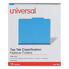 Universal Bright Colored Pressboard Classification Folders, 2" Expansion, 1 Divider, 4 Fasteners, Letter Size, Cobalt Blue, 10/Box (UNV10201)