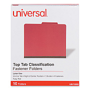 Universal Bright Colored Pressboard Classification Folders, 2" Expansion, 1 Divider, 4 Fasteners, Letter Size, Ruby Red, 10/Box (UNV10203)