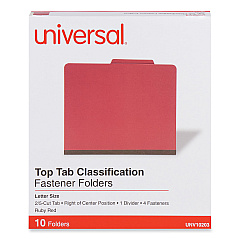 Universal Bright Colored Pressboard Classification Folders, 2" Expansion, 1 Divider, 4 Fasteners, Letter Size, Ruby Red, 10/Box (UNV10203)