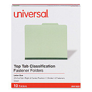 Universal Four-Section Pressboard Classification Folders, 2" Expansion, 1 Divider, 4 Fasteners, Letter Size, Green Exterior, 10/Box (UNV10251)
