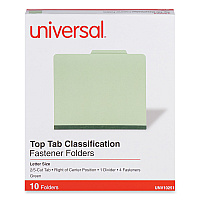 Universal Four-Section Pressboard Classification Folders, 2" Expansion, 1 Divider, 4 Fasteners, Letter Size, Green Exterior, 10/Box (UNV10251)