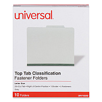 Universal Four-Section Pressboard Classification Folders, 2" Expansion, 1 Divider, 4 Fasteners, Letter Size, Gray Exterior, 10/Box (UNV10252)