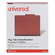 Universal Six-Section Pressboard Classification Folders, 2" Expansion, 2 Dividers, 6 Fasteners, Letter Size, Red Exterior, 10/Box (UNV10270)