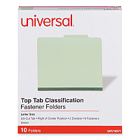 Universal Six-Section Pressboard Classification Folders, 2" Expansion, 2 Dividers, 6 Fasteners, Letter Size, Green Exterior, 10/Box (UNV10271)