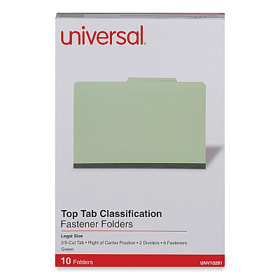 Universal Six-Section Pressboard Classification Folders, 2" Expansion, 2 Dividers, 6 Fasteners, Legal Size, Green Exterior, 10/Box (UNV10281)