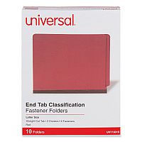 Universal Red Pressboard End Tab Classification Folders, 2" Expansion, 2 Dividers, 6 Fasteners, Letter Size, Red Exterior, 10/Box (UNV10315)
