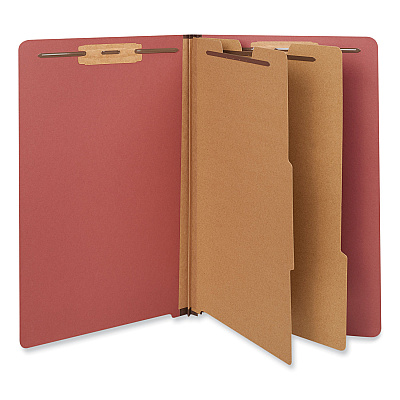 Universal Red Pressboard End Tab Classification Folders, 2" Expansion, 2 Dividers, 6 Fasteners, Legal Size, Red Exterior, 10/Box (UNV10316)