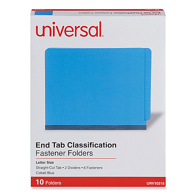 Universal Deluxe Six-Section Pressboard End Tab Classification Folders, 2 Dividers, 6 Fasteners, Letter Size, Cobalt Blue, 10/Box (UNV10318)