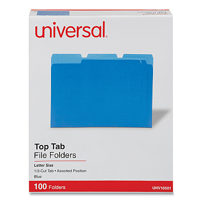 Universal Deluxe Colored Top Tab File Folders, 1/3-Cut Tabs: Assorted, Letter Size, Blue/Light Blue, 100/Box (UNV10501)