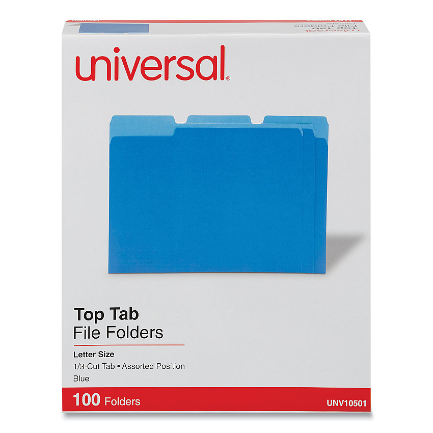Universal Deluxe Colored Top Tab File Folders, 1/3-Cut Tabs: Assorted, Letter Size, Blue/Light Blue, 100/Box (UNV10501)