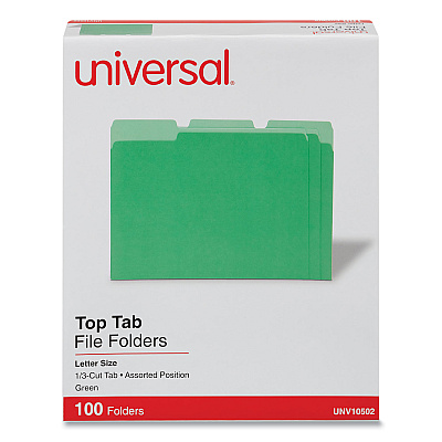 Universal Deluxe Colored Top Tab File Folders, 1/3-Cut Tabs: Assorted, Letter Size, Green/Light Green, 100/Box (UNV10502)