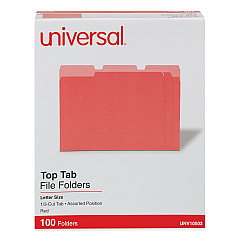 Universal Deluxe Colored Top Tab File Folders, 1/3-Cut Tabs: Assorted, Letter Size, Red/Light Red, 100/Box (UNV10503)