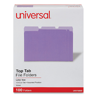 Universal Deluxe Colored Top Tab File Folders, 1/3-Cut Tabs: Assorted, Letter Size, Violet/Light Violet, 100/Box (UNV10505)