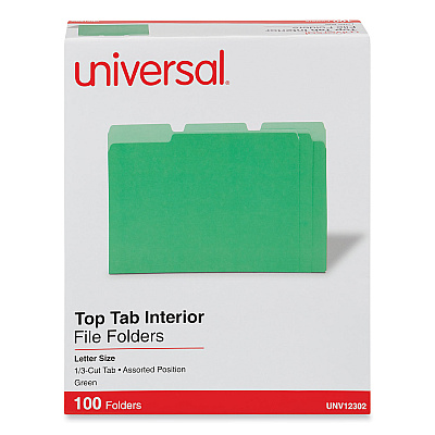 Universal Interior File Folders, 1/3-Cut Tabs: Assorted, Letter Size, 11-pt Stock, Green, 100/Box (UNV12302)