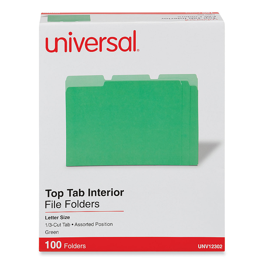 Universal Interior File Folders, 1/3-Cut Tabs: Assorted, Letter Size, 11-pt Stock, Green, 100/Box (UNV12302)