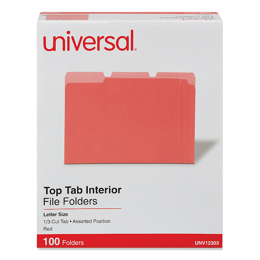Universal Interior File Folders, 1/3-Cut Tabs: Assorted, Letter Size, 11-pt Stock, Red, 100/Box (UNV12303)