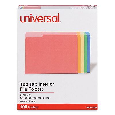 Universal Interior File Folders, 1/3-Cut Tabs: Assorted, Letter Size, 11-pt Stock, Assorted Colors, 100/Box (UNV12306)