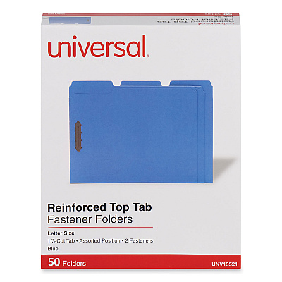 Universal Deluxe Reinforced Top Tab Fastener Folders, 0.75" Expansion, 2 Fasteners, Letter Size, Blue Exterior, 50/Box (UNV13521)