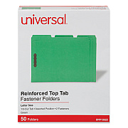 Universal Deluxe Reinforced Top Tab Fastener Folders, 0.75" Expansion, 2 Fasteners, Letter Size, Green Exterior, 50/Box (UNV13522)