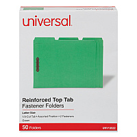 Universal Deluxe Reinforced Top Tab Fastener Folders, 0.75" Expansion, 2 Fasteners, Letter Size, Green Exterior, 50/Box (UNV13522)