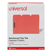 Universal Deluxe Reinforced Top Tab Fastener Folders, 0.75" Expansion, 2 Fasteners, Letter Size, Red Exterior, 50/Box (UNV13523)