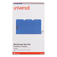 Universal Deluxe Reinforced Top Tab Fastener Folders, 0.75" Expansion, 2 Fasteners, Legal Size, Blue Exterior, 50/Box (UNV13525)
