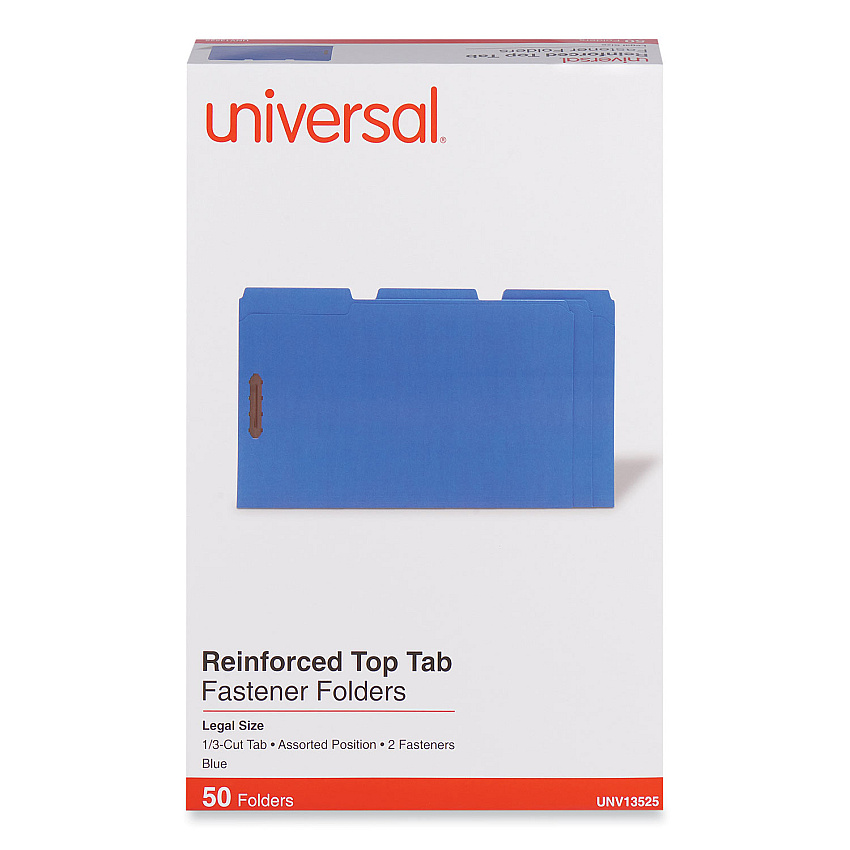 Universal Deluxe Reinforced Top Tab Fastener Folders, 0.75" Expansion, 2 Fasteners, Legal Size, Blue Exterior, 50/Box (UNV13525)