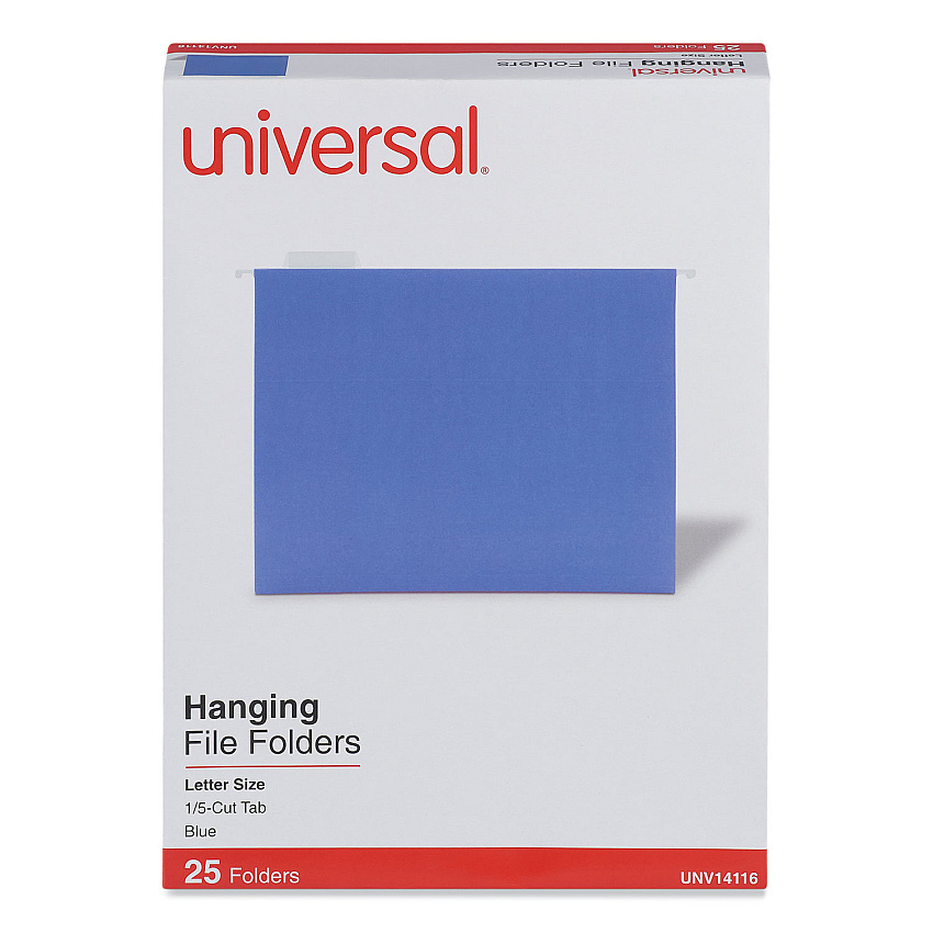 Universal Deluxe Bright Color Hanging File Folders, Letter Size, 1/5-Cut Tabs, Blue, 25/Box (UNV14116)