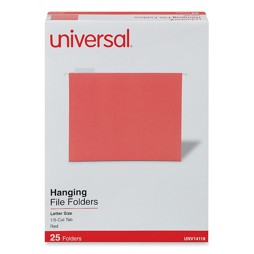 Universal Deluxe Bright Color Hanging File Folders, Letter Size, 1/5-Cut Tabs, Red, 25/Box (UNV14118)