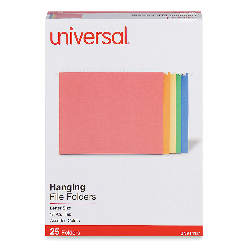 Universal Deluxe Bright Color Hanging File Folders, Letter Size, 1/5-Cut Tabs, Assorted Colors, 25/Box (UNV14121)