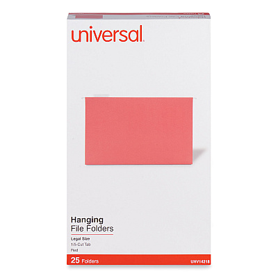 Universal Deluxe Bright Color Hanging File Folders, Legal Size, 1/5-Cut Tabs, Red, 25/Box (UNV14218)