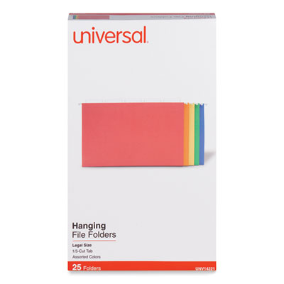 Universal Deluxe Bright Color Hanging File Folders, Legal Size, 1/5-Cut Tabs, Assorted Colors, 25/Box (14221)