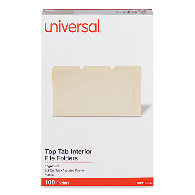 Universal Interior File Folders, 1/3-Cut Tabs: Assorted, Legal Size, 9.5-pt Manila, 100/Box (UNV15213)