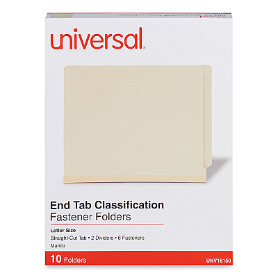 Universal Six-Section Manila End Tab Classification Folders, 2" Expansion, 2 Dividers, 6 Fasteners, Letter Size, Manila, 10/Box (UNV16150)