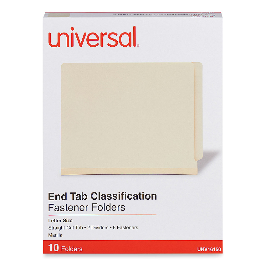 Universal Six-Section Manila End Tab Classification Folders, 2" Expansion, 2 Dividers, 6 Fasteners, Letter Size, Manila, 10/Box (UNV16150)