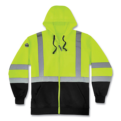 ergodyne GloWear 8372 ZipUp HiVis Class 3 Zip Hooded Sweatshirt with Black Bottom, Polar Fleece, Lime, 4X-Large (EGO21848)