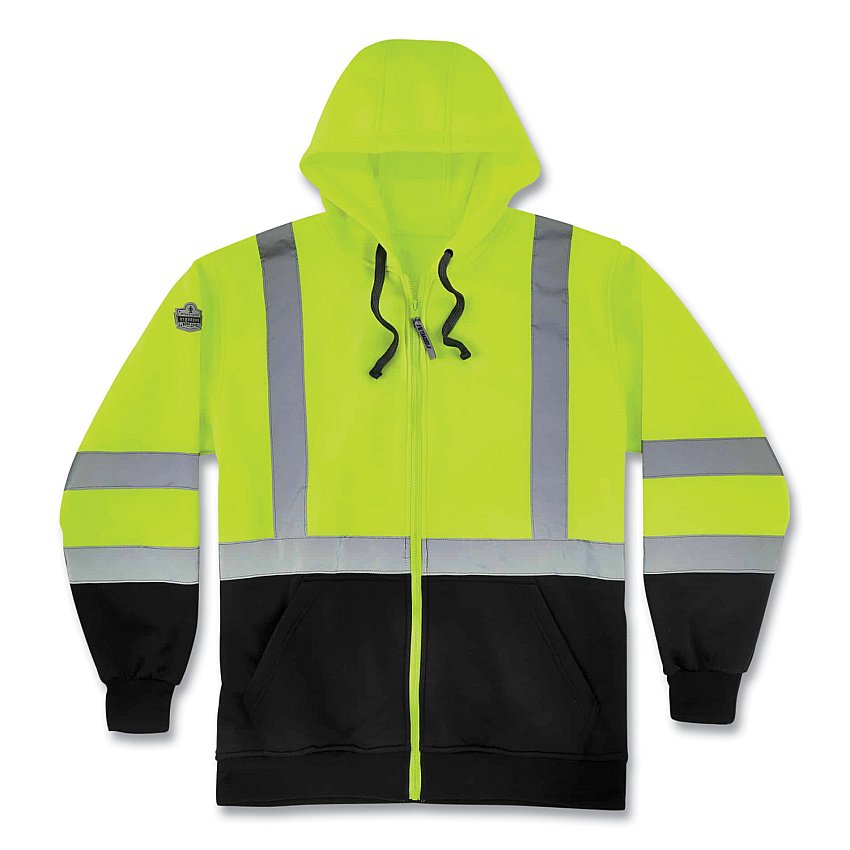 ergodyne GloWear 8372 ZipUp HiVis Class 3 Zip Hooded Sweatshirt with Black Bottom, Polar Fleece, Lime, 4X-Large (EGO21848)