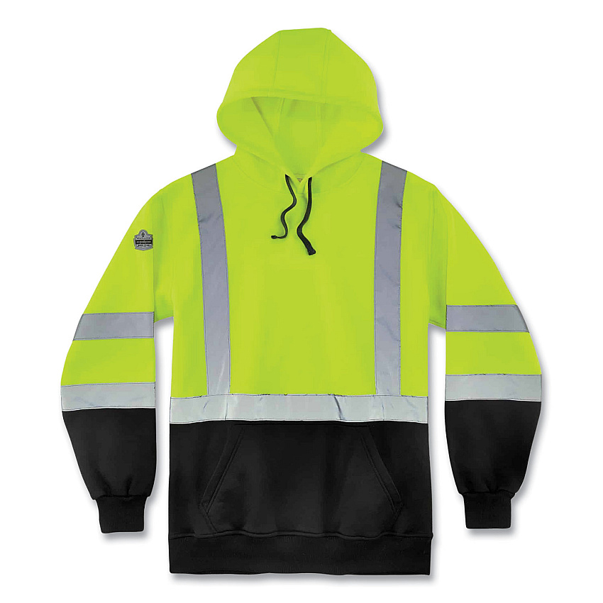 ergodyne GloWear 8373 Hi-Vis Class 3 Hooded Sweatshirt with Black Bottom, Polar Fleece, Lime, Medium (EGO21883)