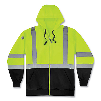 ergodyne GloWear 8372 ZipUp HiVis Class 3 Zip Hooded Sweatshirt with Black Bottom, Polar Fleece, Lime, 2X-Large (EGO21846)