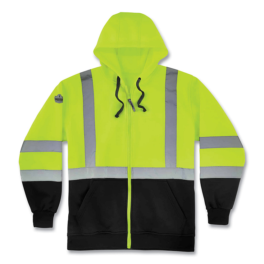 ergodyne GloWear 8372 ZipUp HiVis Class 3 Zip Hooded Sweatshirt with Black Bottom, Polar Fleece, Lime, 2X-Large (EGO21846)