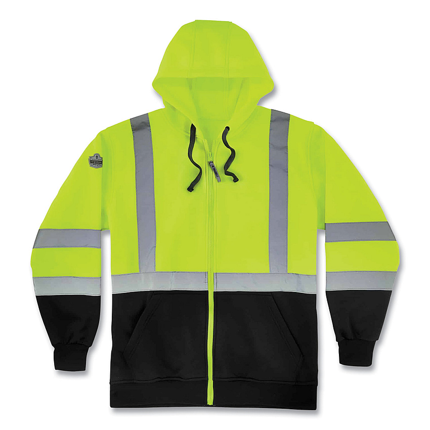 ergodyne GloWear 8372 ZipUp HiVis Class 3 Zip Hooded Sweatshirt with Black Bottom, Polar Fleece, Lime, X-Large (EGO21845)